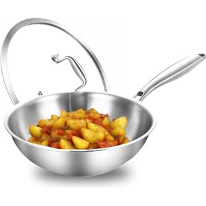 DELARLOCHEF Padella in acciaio inox, 24 cm, a induzione, padella wok, tutta la pentola in acciaio a tre strati, con coperchio, adatta per fornelli a induzione e a gas, 20% risparmio energetico, adatta