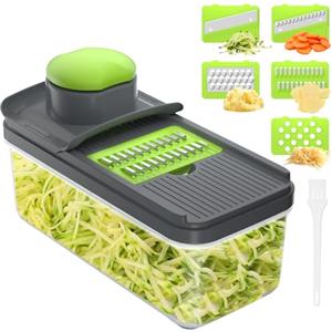 Vihoom Mandolina per Verdure, Affetta Taglia Verdure Manuale, Mandolina Affettatrice Professionale con 5 Lame Intercambiabili per Cipolla Cetriolo Zucchine Carote（Verde）