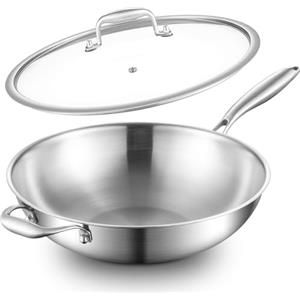 DELARLOCHEF Wok non rivestito a induzione, 30 cm: wok in acciaio inox a 3 strati, privo di PFOA, PTFE, con coperchio e manici, resistente al forno fino a 400 °C