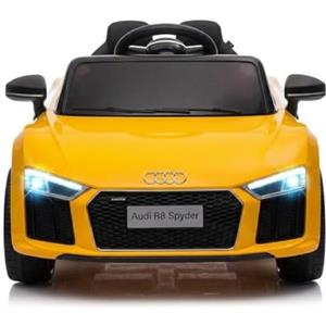 RBFGYIOP Macchina Elettrica per Bambini 12V, Audi R8 Spyder Licenza Ufficiale, Edizione Polizia con Telecomando Parentale 2.4G, Luci LED, Sirena, Musica MP3, Soft Start, Regalo Per Bambine 3-8 Anni, Giallo