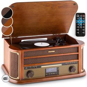 AUNA Belle Epoque 1908 - Giradischi Vintage, Radio Digitale, Giradischi Vinili in Design Retrò, DAB+, FM, Bluetooth, Lettore CD, MP3, Funzione RDS, Cassetta, USB, Marrone