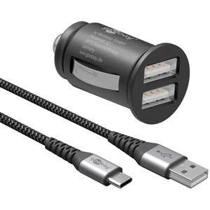 Goobay 64802 Caricatore USB a 2 porte per accendisigari 2,4 A - Adattatore USB dual per accendisigari - Caricatore dual per auto - adatto per autoveicoli e camion (12 V / 24 V) incluso 1 m di cavo USB