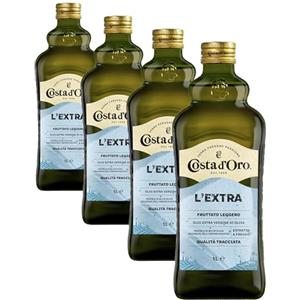 Costa d'Oro - L'Extra fruttato leggero 1L. Olio Extravergine di oliva estratto a freddo, gusto delicato e poco invadente. Bottiglia da 1 litro. (Confezione da 4)