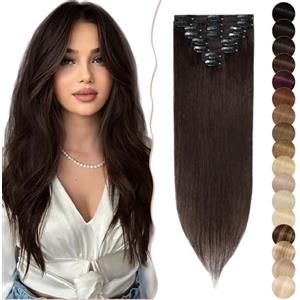 SEGO Extension Clip Capelli Veri Castano con 18 Clips 8 Fasce 100% Remy Human Hair Lisci Naturali 35 cm (60 g) 2# Marrone Scuro