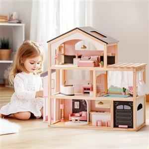 ROBUD Casa delle bambole in legno, villa delle bambole con mobili, con ascensore, garage, gazebo e piscina, regalo per bambini dai 3, 4, 5, 6 anni in su, nero