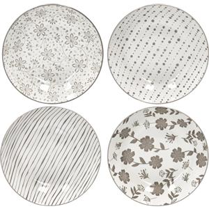 Brandani Set 4 Piatti Fondi Loto in Porcellana Tortora 20cm con Decorazioni Floreali e Geometriche
