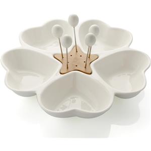 Brandani Antipastiera Mille Cuori in Porcellana Bianca e Bamboo con 5 Forchettine in Acciaio Inox