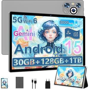 Dghrti Tablet Android 15, Schermo IPS HD 10 Pollici, 30 GB RAM e 128 GB + Estensione 1TB TF, Octo-Core e 8000mAh, WiFi 6, Widevine L1-5+8 MP, Telaio in Metallo, Tablet touch con Custodia- Grigio
