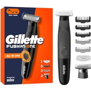 Gillette Fusion One Rasoio Elettrico Uomo Barba E Corpo, 3 Pettini Barba (1,2,5mm) E 1 Pettine Corpo, Testina Oscillante, Lama Ricambio, Impermeabile, Senza Fili, 45 Min Autonomia, Tecnologia Braun
