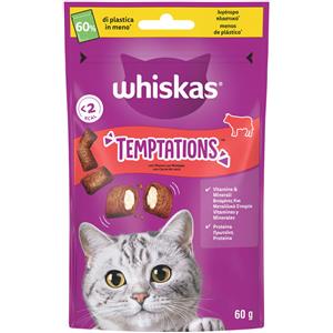 Whiskas Temptations Snack per Gatti al Manzo 60g - Senza Aromi Artificiali, Ricco di Vitamine