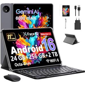 MENTUME Tablet 11 Pollici con Gemini AI, Tablet Android 16 con Custodia, Mouse & Tastiera, Octa-Core, 24 GB RAM + 256 GB ROM + 2 TB TF, 1920*1200 Display HD, 90 Hz, Fotocamera Doppio 8MP+13MP, 8000mAh, Grigio