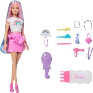 Barbie - Capelli Arcobaleno, bambola dai capelli extra lunghi e colorati, 12 accessori per lo styling inclusi, tubetto di glitter, spazzola, fermagli, asciugacapelli, 3+ anni, JJP07