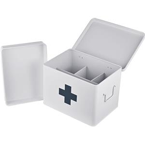 Relaxdays Cassettiera medicinali 4 Scomparti con Inserto Estraibile, Pronto Soccorso, Metallo, 21x28x20,5 cm, Bianco