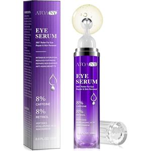 RoongDuuDll Siero per occhiaie e borse sotto gli occhi con 8% di caffeina 8% retinolo, ialuronniacinamide, anti-invecchiamento per borse e gonfiori, con pallina massaggiante a 360° per donne e uomini