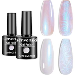 Senvenski Perlato Smalto Semipermanente Kit, Bianco Rosa Opale Sirena Semipermanente Unghie Aurora Shell Shiny Glitter Olografico Gift Set UV LED Art Varnish (CS2-012)