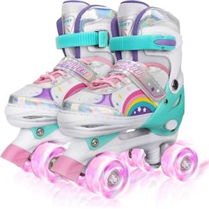 PIPIZHU Pattini a Rotelle Bambina, Pattini a 4 Ruote,Pattini Regolabili in 4 Misure con 8 Ruote Lampeggianti per Ragazzi, Ragazze e Principianti (Arcobaleno, S (EU 27-31))