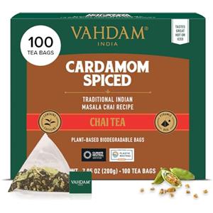 VAHDAM, Masala Chai al Cardamomo (100 Bustine di Tè) | 100% Cardamomo Macinato Fresco con Tè Nero di Prima Qualità | Miscela Originale Indiana | Tè Chai