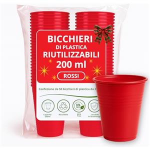 CUCY Bicchieri Plastica per Natale 50pz da 200ml Rossi Riutilizzabili (fino a 50 Lavaggi) Lavabili in Lavastoviglie BPA Free Impilabili Per Acqua Cocktail Birra Ideali per Feste Buffet Ufficio Bar Catering
