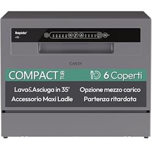Candy Rapido' CP 6E51LS Lavastoviglie Compatta da tavolo, Libera Installazione, 6 Coperti, 8 Programmi, Ciclo Rapido 35', Partenza ritardata, Classe E, AxLxP 44,3x55x50,1 cm, Silver, Classe E