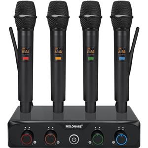 MELONARE Sistema Microfonico Wireless a 4 Canali UHF Compatto, 4x10 Frequenze, Portata di 200 piedi, Microfoni Dinamici Palmari per Canto, Karaoke, Chiesa, DJ, Matrimoni e Altre Occasioni (MWM-41-4H)