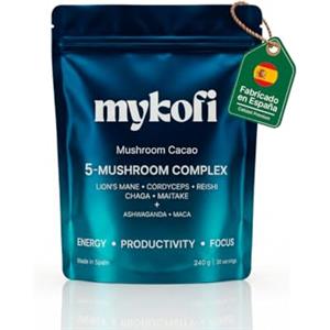 MYKOFI - Cacao con Funghi Adattogeni 7 in 1 - Criniera di Leone, Cordyceps, Reishi, Chaga, Maitake, Ashwagandha e Maca - Energia Naturale, Approccio Mentale e Benessere Quotidiano - 30 Razioni