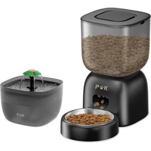 PUPPY KITTY Distributore Automatico Cibo Gatti e Fontanella per Gatti Combo, Durata Della Batteria Fino a 180 Giorni, Registrazione 10S, 1-4 Pasti al Giorno, 3L Dispenser Crocchette Gatto e 2L Fontana