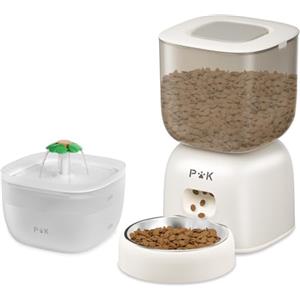 PUPPY KITTY Distributore Automatico Cibo Gatti e Fontanella per Gatti Combo, Durata Della Batteria Fino a 180 Giorni, Registrazione 10S, 1-4 Pasti al Giorno, 3L Dispenser Crocchette Gatto e 2L Fontana