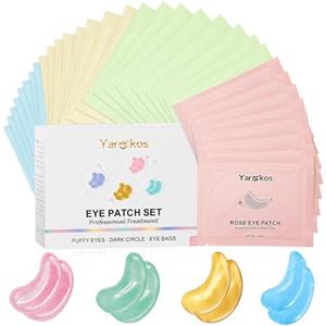 Yargkos 32 paia di cerotti oculari idratanti per occhiaie scure, cuscinetti anti-rughe, 32 set di gel viso per la cura dei viaggi (Oro 24 carati, blu, rosa, verde)