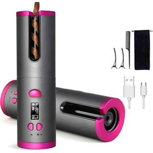 EMEBAY Ferro arricciacapelli Automatico Senza Fili Curvatore per Capelli Batteria Ricaricabile 4000mAh Bigodino Anti-Ustioni con Timer, Ferro per Ricci Portatile 6 Temperatura Capelli Lunghi e Corti