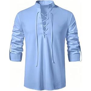 SHEYOW Uomo Camicia retrò con Lacci Costume Medievale Punk Shirt Maniche Lunghe Halloween Hippie (S, Blu)