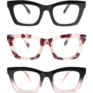 KoKoBin 3 Pack Occhiali da lettura luce anti-blu da donna Oversize Occhiali da computer quadrati di moda (Nero/Nero rosa/Rosa leopardata, 2.5, x)