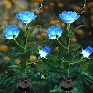 ZVO Lampade Solari da Giardino, 2 pezzi Luci Giardino Energia Solare per Fiore di Rosa con 6 LED, Illuminazione Fiori Decorativa Impermeabile per Terrazza Natale Halloween Vialetto Prato(Blu)