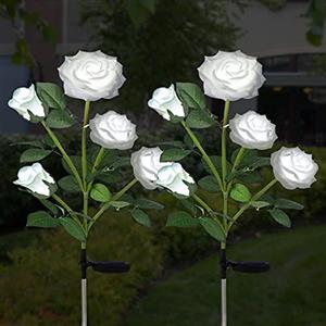 ZVO Lampade Giardino da Esterni a Energia Solare, 2 pezzi Luci Solari per Fiore di Rosa con 10 LED, Illuminazione Fiori Decorativa Impermeabile per Terrazza Natale Halloween Vialetto Prato(Bianco)