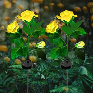 ZVO Lampade Solari da Giardino, 2 pezzi Luci Giardino Energia Solare per Fiore di Rosa con 6 LED, Illuminazione Fiori Decorativa Impermeabile per Terrazza Natale Halloween Vialetto Prato(Giallo)