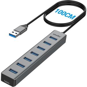atolla Hub USB 3.0 a 7 porte con cavo da 100 cm, hub USB in alluminio con multiplo USB 3.0 5 Gbps dati e 5 V/3 V Type-C, splitter USB multiplo per PC portatile