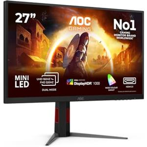 AOC Gaming Monitor U27G4XM 27 pollici, 3840x2160, UHD, 160Hz, Fast IPS Panel, 1ms GtG, USB Hub, Height Adjustment, (HDMI2x 2.1 DP 1x 1.4) Adaptive Sync, HDR1000, G-Sync Compatible, Nero