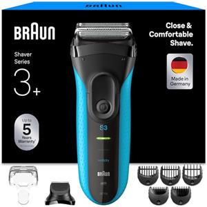 Braun Rasoio elettrico serie 3+, 3 lame flessibili, micropettine efficiente, accessorio per regolabarba, +5 pettini, rasoio da uomo bagnato e asciutto, prodotto in Germania, 3010BT, blu