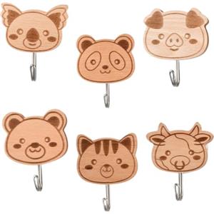 Culinavog Ganci da Parete in Legno, 6 Pezzi Ganci Adesivi Muro Animale Appendiabiti per Bambini in Legno, Multiuso Gancio Carini per Cucina, Piccolo Gancio Adesivo per Soggiorno, Bagno, Ristorante