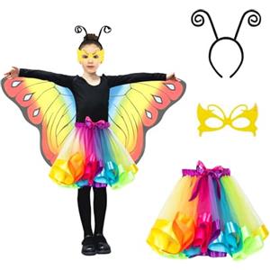 KEELYY Vestito Fata Bambina, Costume Farfalla Bambini Ragazze, Ali di Farfalla con Maschera Tutu Gonna Cerchietto, per Halloween Costume Carnevale Cosplay Compleanni, GIALLO