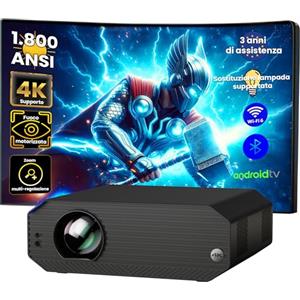 Unicview K5000 - Proiettore 4K, 1800 ANSI lumen, Videoproiettore Home Cinema e presentazioni con Android, Messa a fuoco motorizzata, Keystone 4D, Zoom digitale, HDMI, USB-A, USB-C, Audio Jack,