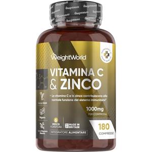 WeightWorld Vitamina C 1000mg e Zinco Integratore Vegano, 1 Compressa al Giorno (6 Mesi di Fornitura), 180 Compresse di Vitamina C e Zinco Bisglicinato, Acido Ascorbico, Senza Magnesio Stearato, Prodotto in UK