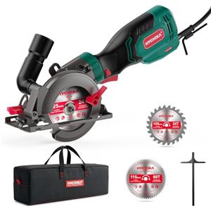 HYCHIKA BETTER TOOLS FOR BETTER LIFE HYCHIKA Sega Circolare a Mano, Mini Sega Circolare 750W 3500 giri/min con Borsa da Trasporto, 3 Lame da Sega 115+125mm, Guida Parallela, Profondità di Taglio 48mm, per Legno, Metallo Dolce, Plastica