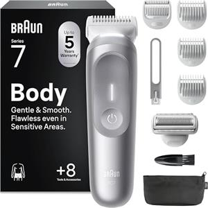 Braun Rasoio Elettrico Corpo Uomo Series 7, +8 Strumenti Cura Corpo, Luce Smartlight & SkinGuard, 100 Min Utilizzo, Testine SmoothShave & SensitiveTrim, Impermeabile, Rasoio Intimo Uomo, Grigio