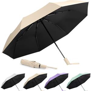 Aolso Chiusura Automatica Ombrello Pieghevole,Ombrello Compatto con 8 Nervature in Fibra di Vetro, Viaggio Ombrello Anti-Tempesta Rivestimento in Teflon 210T, UPF>50+ Ombrello da Sole/Pioggia (Cachi)