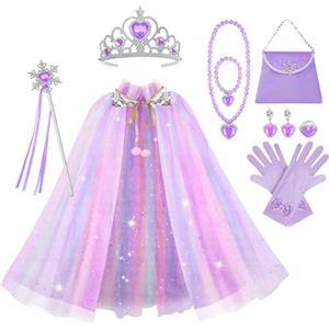 Vicloon Mantello da Principessa, 11 PCS Mantello con Paillettes Lucide Principessa Costume, Bacchetta, Collana, Anello e Orecchini, Principessa Vestita per Feste, Giochi di Ruolo, Halloween (Viola)