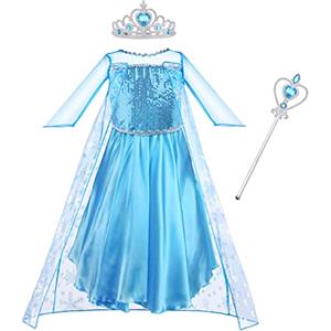 Vicloon Costume Principessa Elsa per Ragazze - Set 3 Pezzi con Vestito, Corona e Bacchetta - per Festa di Compleanno, Cosplay, Halloween - Taglia 100