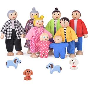 Aolso Casa delle Bambole Famiglia, 8 Pezzi in Legno con 4 Cuccioli, Dollhouse Persone Figure per Finta Casa Accessori Regalo