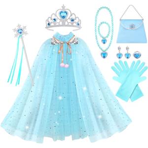 Vicloon Mantello da Principessa, 11 Pcs Mantello con Paillettes Lucide Principessa Costume, Bacchetta, Collana, Anello e Orecchini, Principessa Vestita per Feste, Giochi di Ruolo, Halloween (Blu)