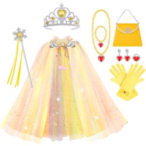 Vicloon Mantello da Principessa, 11 PCS Mantello con Paillettes Lucide Principessa Costume, Bacchetta, Collana, Anello e Orecchini, Principessa Vestita per Feste, Giochi di Ruolo, Halloween (Giallo)