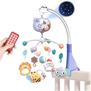Aolso Carillon Elettronico per Culla e Lettino,Telecomando Scatola Musicale con 317 Melodie,Rotanti Giocattoli per Neonati,Telecomando Funzione di Cronometraggio con Proiettore e Musica, Coniglio-Blu